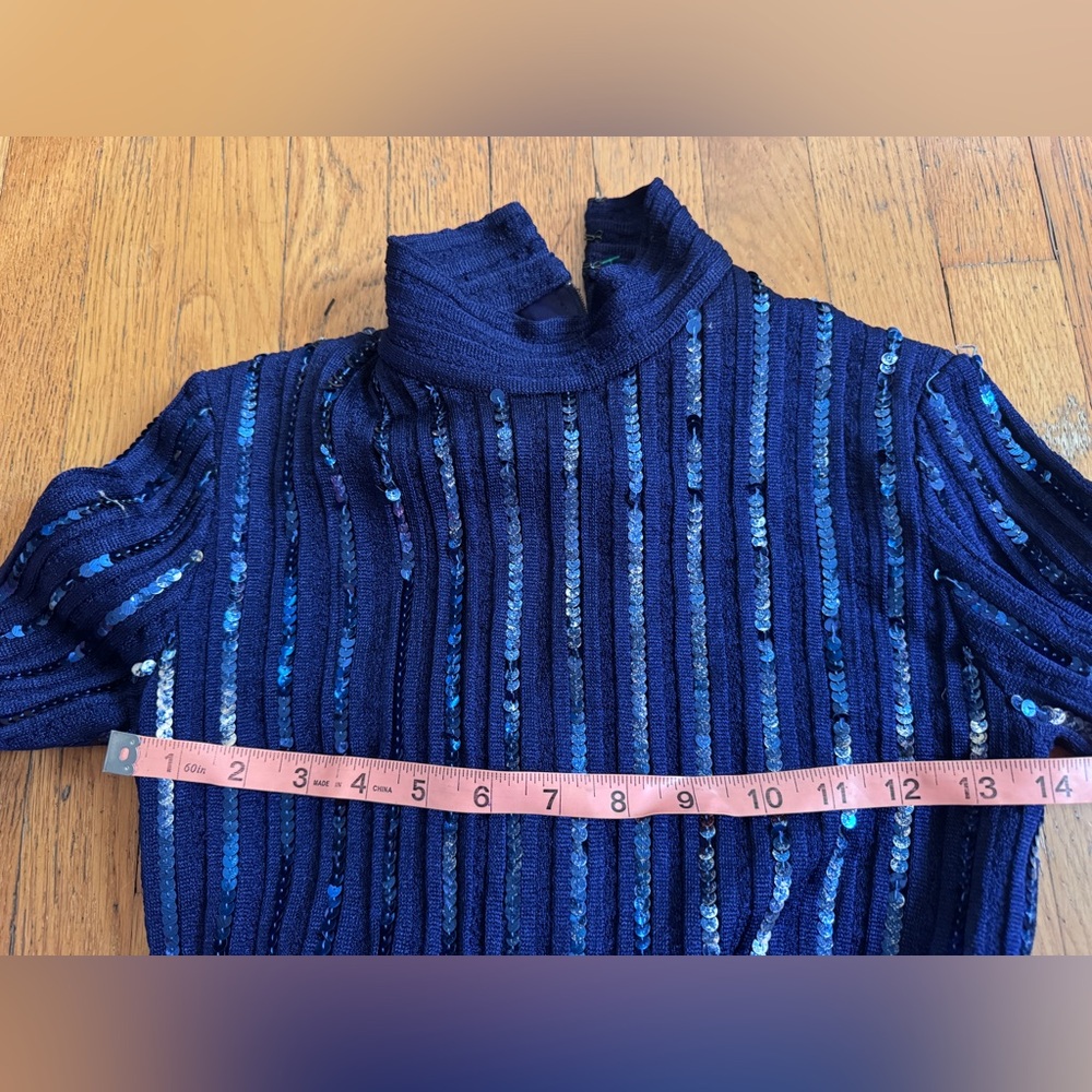 70s Vintage Perullo for Fred Perlberg Navy Blue Knit Maxi w Sequin Details Sz Xs - Picture 5 of 10